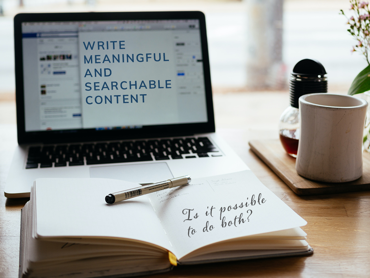 Optimizing your content with Seo keywords on a laptop with a book.