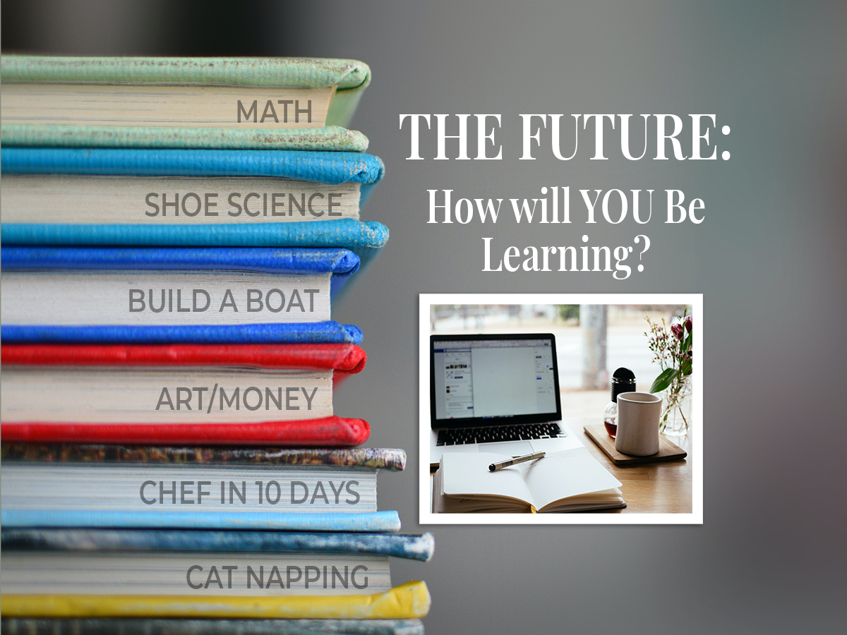 A picture of stacked books reading, "The future: How will you learn LMS